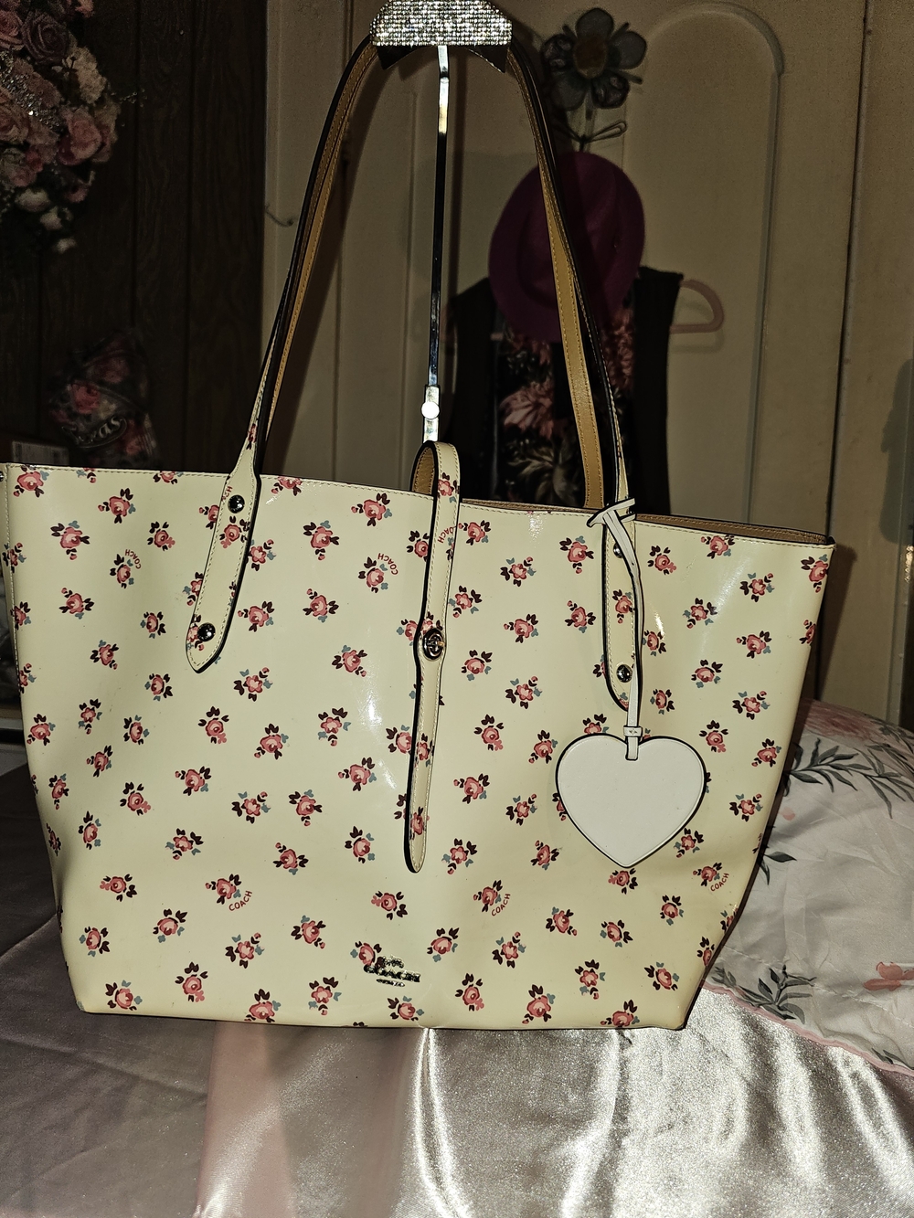 COACH Floral Heart Charm Tote Bag - Cream with Pink Roses